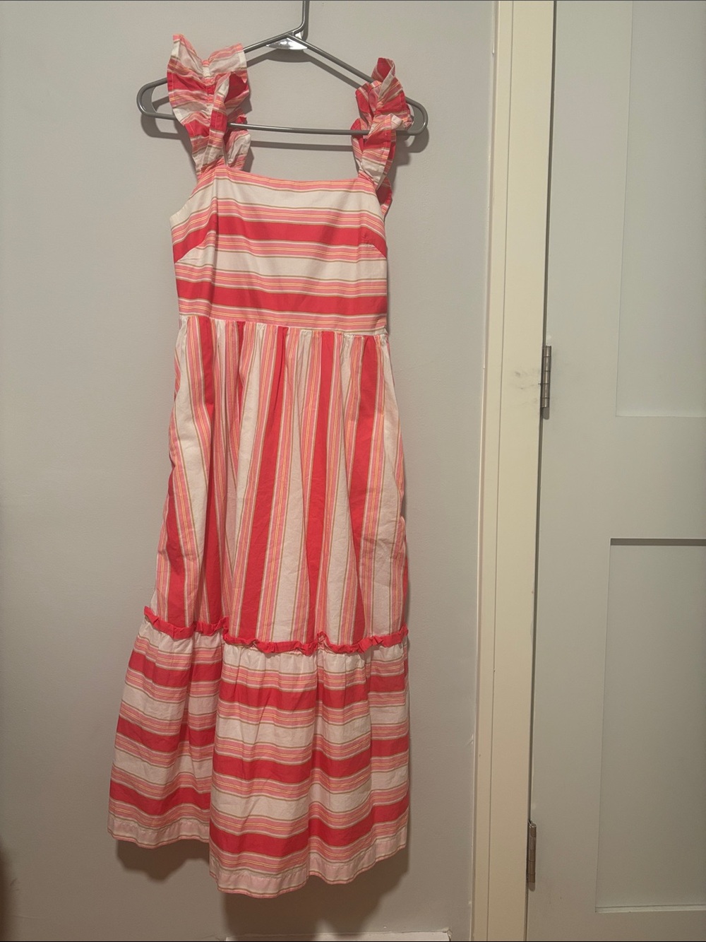 J. Crew women’s Coral and White Striped Ruffle Strap Dress